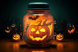 A glass jar with a Halloween pumpkin inside surrounded by candles. Halloween night is coming. Generative Ai photo