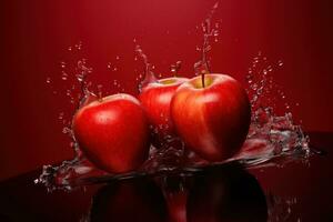 Water splashing on red apples over red background. Generative AI photo