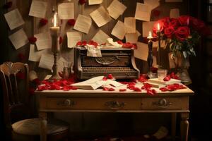 A vintage desk covered in love letters, red roses, and elegant quills, creating an atmosphere of timeless romance. Generative Ai photo