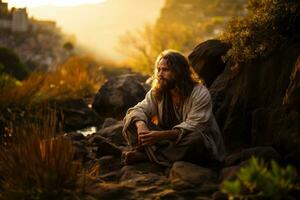 Jesus in a serene moment of silent contemplation in the wilderness surrounding Nazareth, portraying a sense of spiritual connection and introspection. Generative Ai photo