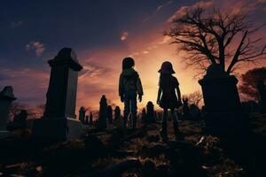Costumed kids wandering a graveyard keeping a lookout for ghosts as the sun sets on Halloween night. Generative Ai photo