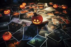 Halloween cards or invitations spread out on a table showing different spooky designs like jack-o-lanterns, ghosts, graveyards. Generative Ai photo