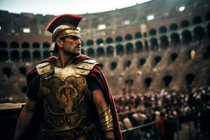 un romano legionario supervisando un gladiatorio combate dentro el coliseo, capturar el intensidad y emoción de el juegos. generativo ai foto