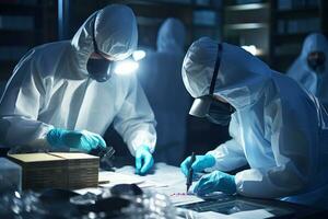 Forensic experts examining evidence in a well-lit and professional environment. Generative Ai photo