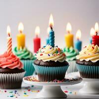 AI generative  birthday cupcakes with candles photo