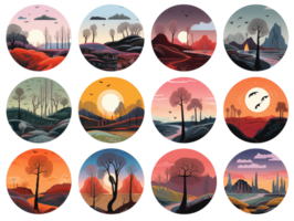 a collection of many flat circular illustrations of different locations in rounded forms with nature-inspired motifs style - AI Generated png