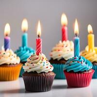 AI generative  birthday cupcakes with candles photo