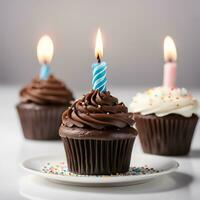 AI generative three birthday cupcakes with candles photo