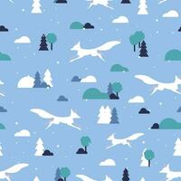 Winter seamless pattern with running fox. Silhouette white fox and threes. Vector illustration. Background For kids fabric, wrapping, textile, wallpaper, apparel. Vector illustration