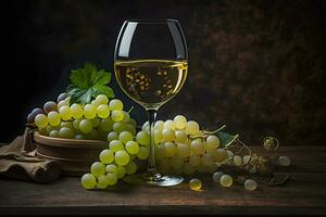 glass of dry White wine ripe grapes and glass on table in vineyard. Neural network AI generated photo