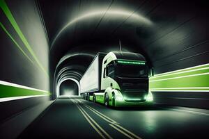 camión remolque conducción a el neón túnel. neural red generado Arte foto