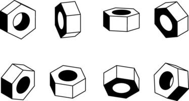 Nut in various angles vector design. Black and white template for icon or logo.