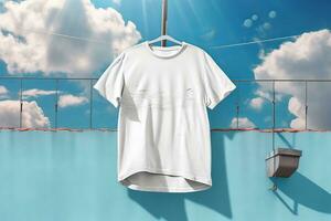 ai generativo camiseta colgando en un cuerda en contra azul cielo con blanco nubes foto