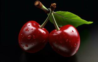 ai generative Cherry with water drops on black background. 3D illustration. photo