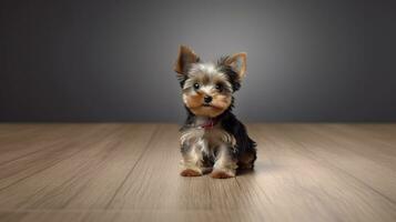 Yorkshire Terrier puppy on wooden floor in front of grey background photo