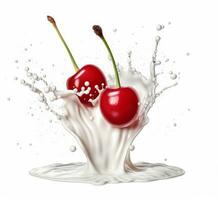 ai generative Milk splashing out of a red cherry isolated on white background photo