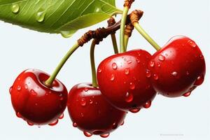 ai generative Cherries with water drops on a white background. Close-up. photo
