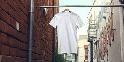 ai generativo blanco camiseta Bosquejo en un percha en el ciudad foto