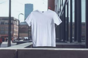 ai generative White t-shirt mockup on a brick wall in the city photo