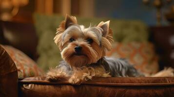 Yorkshire Terrier on the sofa in the living room. Dog photo