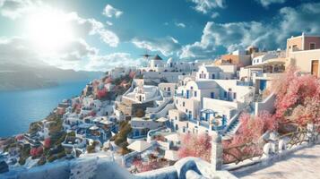 ai generative White architecture on Santorini island, Greece. Beautiful landscape. photo
