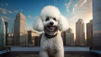 ai generative Portrait of a poodle dog against view of a cityscape photo