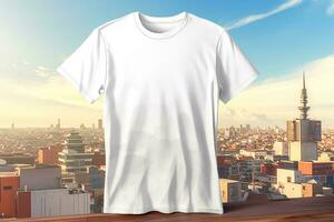 ai generative T-shirt mockup on wooden table with city view background. 3D rendering photo