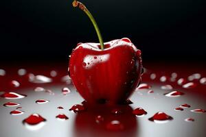 cherry with drops of water on a black background. 3d illustration ai generative photo