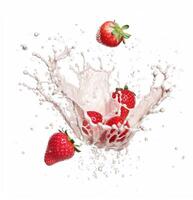 strawberry in milk splash on white background, strawberry in milk mockup, yogurt packaging mockup photo