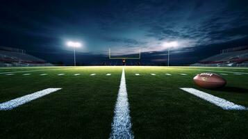 ai generativo 3d representación de un americano fútbol americano campo con luces a noche foto