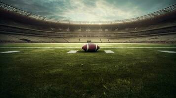 ai generativo 3d representación de un rugby pelota en el campo en un estadio foto