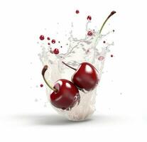 ai generative Cherry in milk splash, isolated on white background. 3d illustration photo