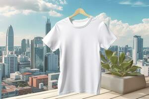 ai generative T-shirt mockup on wooden table with cityscape background, 3D rendering photo