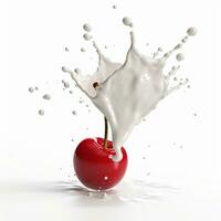 ai generative Milk splash with cherry isolated on white background. 3d illustration photo