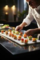 Artistic culinary composition by chef spotlighting sophisticated fingerfood in stark white kitchen photo