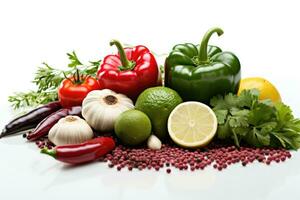 Macro shot of fresh gourmet ingredients isolated on a white background photo