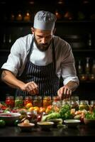 brillantemente iluminado cocinero elaboración vistoso comer con los dedos prístino cocina antecedentes con vacío espacio para texto foto