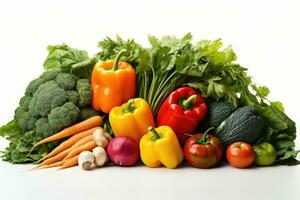 Chefs hand displaying seasonal organic produce isolated on a white background photo