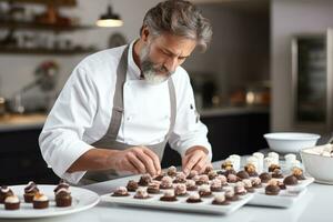 cocinero demostrando sofisticado azúcar y chocolate trabajo para comer con los dedos en un radiante blanco cocina foto