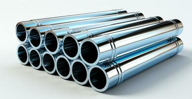 High quality galvanized steel pipe or aluminum and chrome stainless steel pipes in stack - AI generated image photo