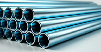 High quality galvanized steel pipe or aluminum and chrome stainless steel pipes in stack - AI generated image photo