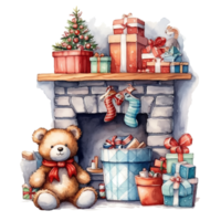 waterverf Kerstmis sticker haard met geschenken. Kerstmis geschenken, sok, teddy beer. ai gegenereerd png