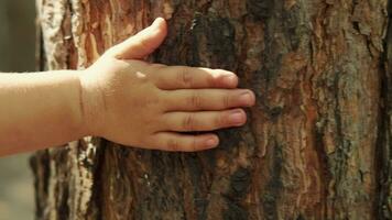 The child's hand runs along the trunk of a tree.Earth Day, Save Planet, Save the world, Love Nature. video