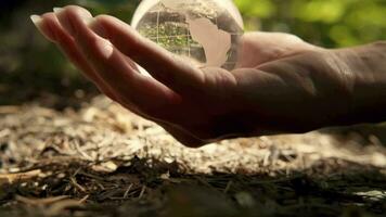 The human palm holds a glass globe.Earth Day, Save Planet, Save the world, Love Nature. video