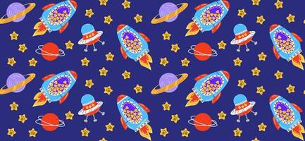 Colorful seamless pattern with pets. Vector background with cute cats in space. Childish abstract print. Pet pattern. Isolated background.