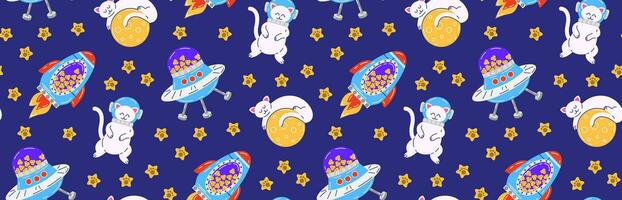 Colorful seamless pattern with pets. Vector background with cute cats in space. Childish abstract print. Pet pattern. Isolated background.