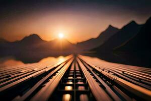 a train track with the sun setting behind it. AI-Generated photo