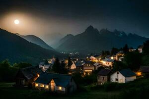 photo wallpaper the sky, mountains, the moon, the village, the moon, the village,. AI-Generated