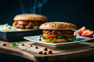 two hamburgers on a wooden table with smoke coming out of the grill. AI-Generated photo