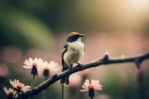 a small bird sits on a branch in front of pink flowers. AI-Generated photo